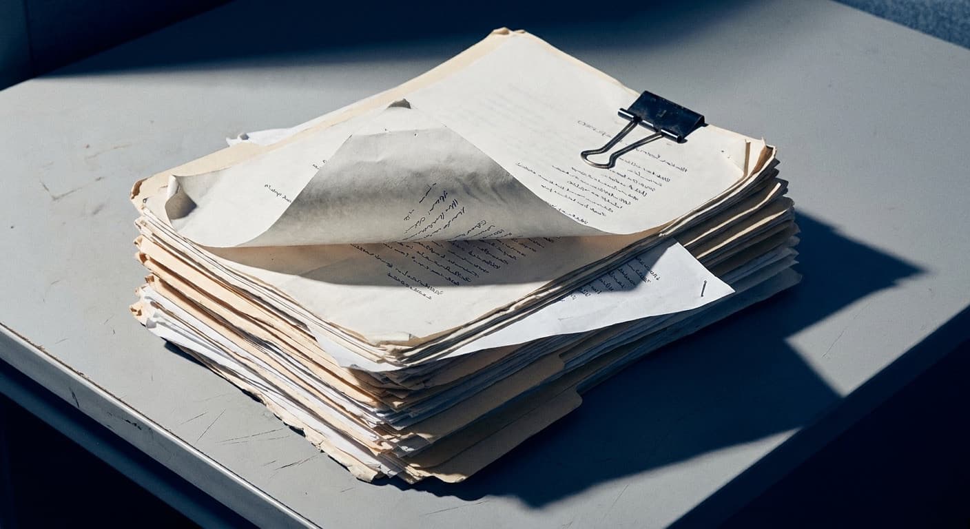 A stack of claim paperwork with one page half pulled out.