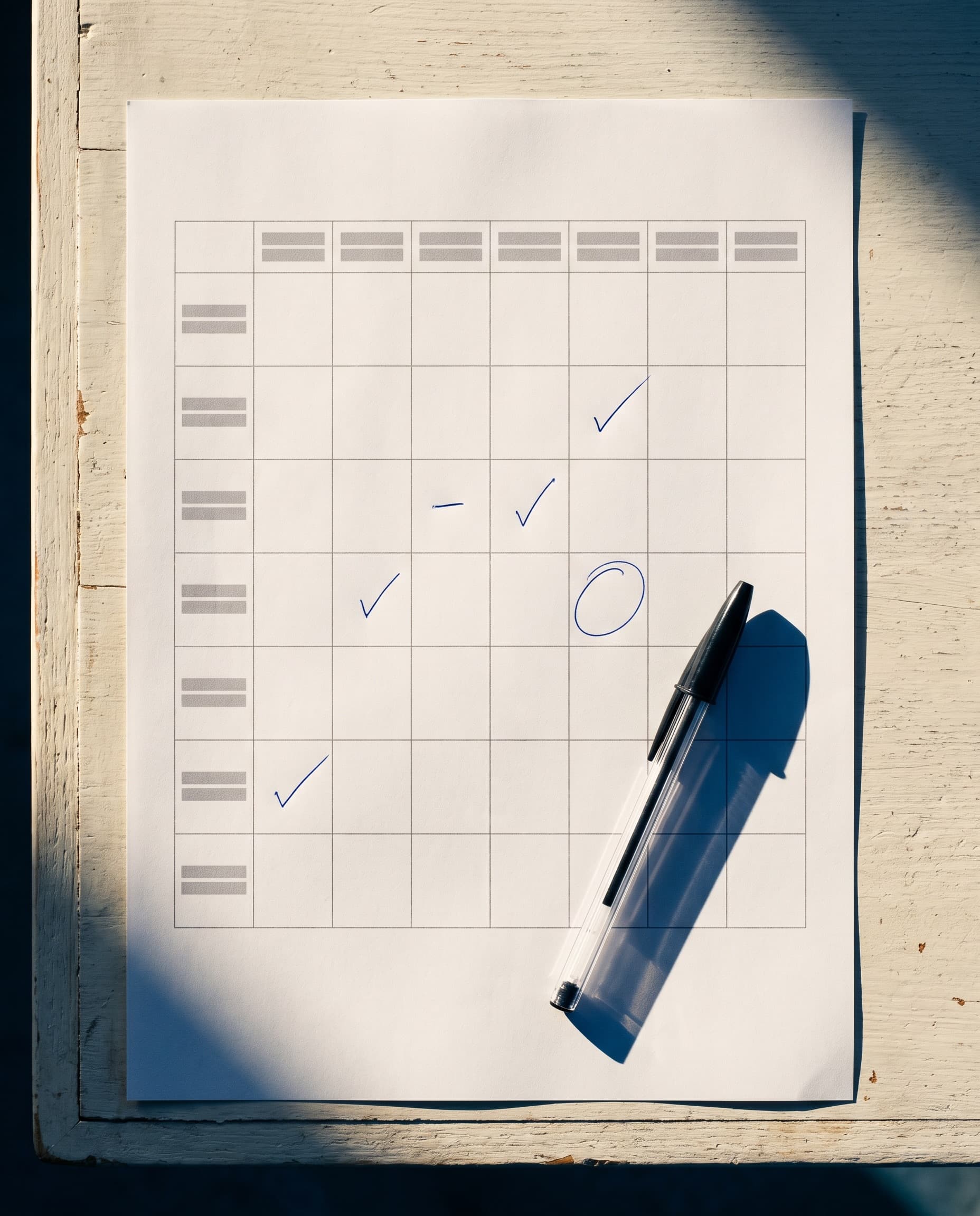 A printed weekly planner on a desk with a few cells ticked in blue ink and a pen resting across it.